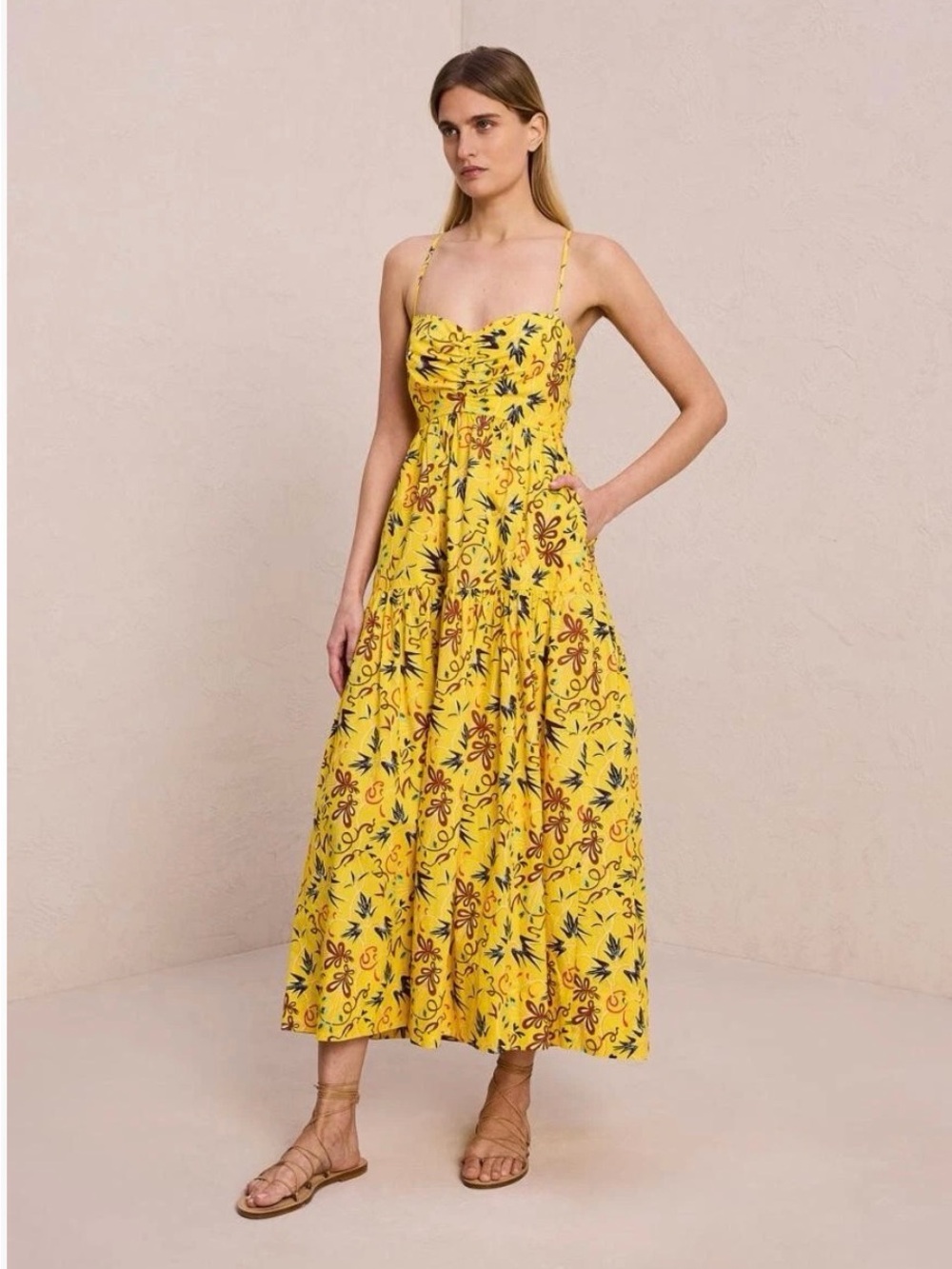 A.L.C. Arit Floral Print Yellow Cotton Midi Dress Size 4 Cottagecore